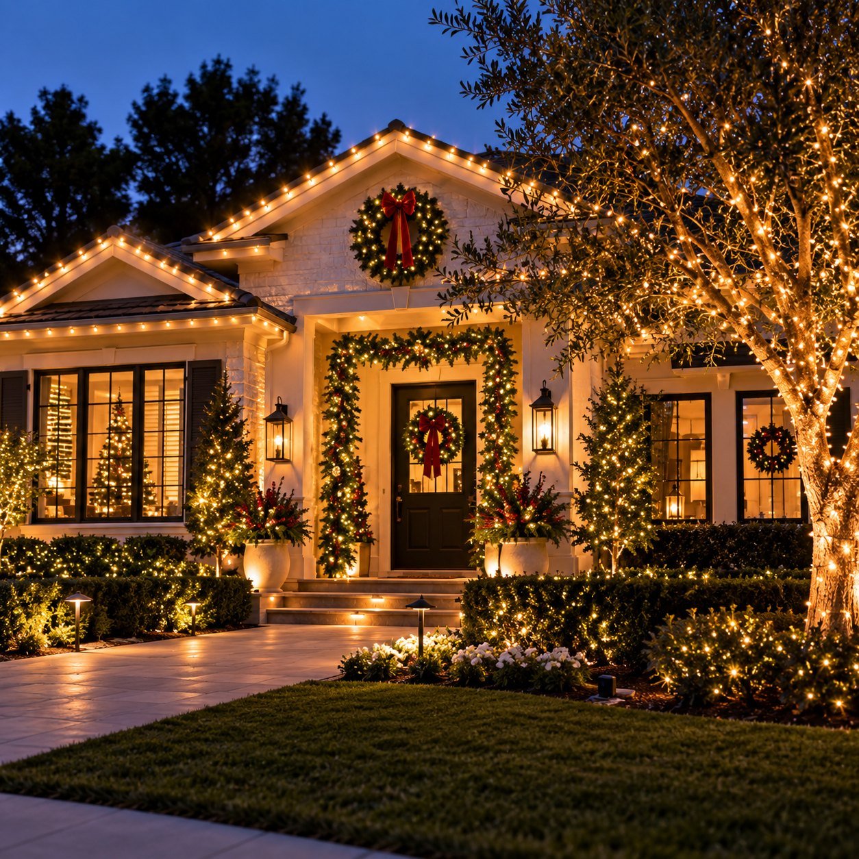 A home at dusk with roofline lights, wreaths, garland and a lit tree