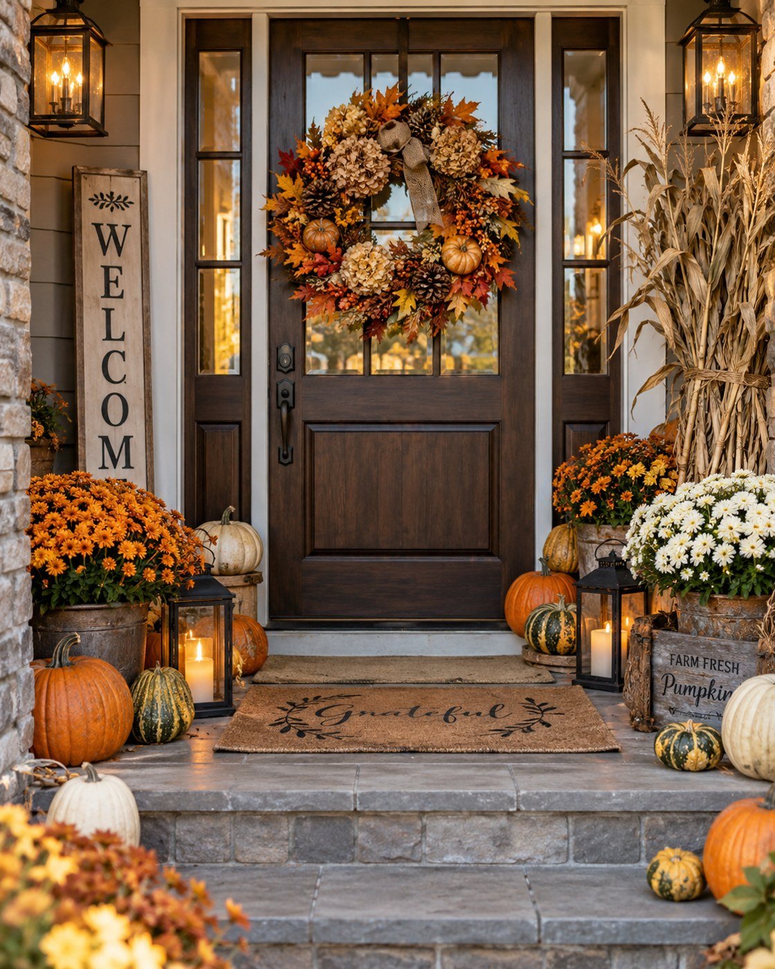 A fall front porch with a harvest wreath, mums, pumpkins and lanterns