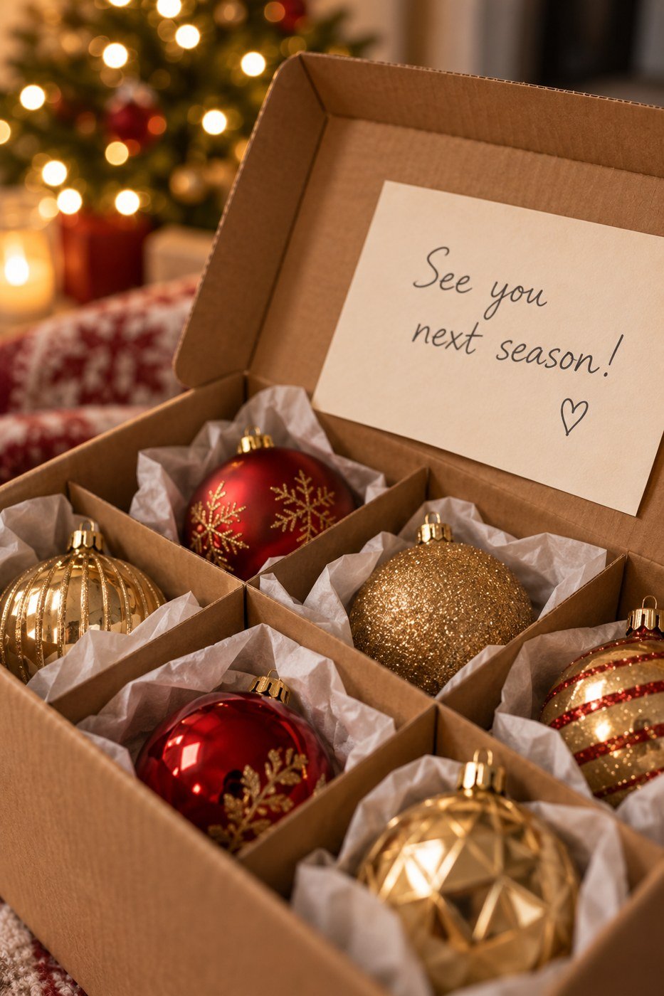 A divided box of ornaments in tissue with a handwritten see you next season note