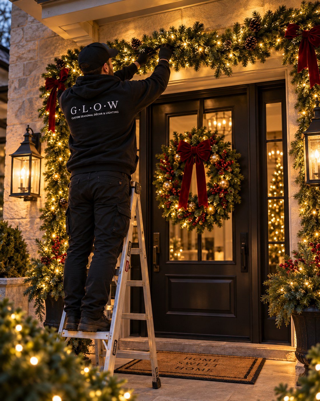 A GLOW installer on a ladder hanging lit garland above a front door
