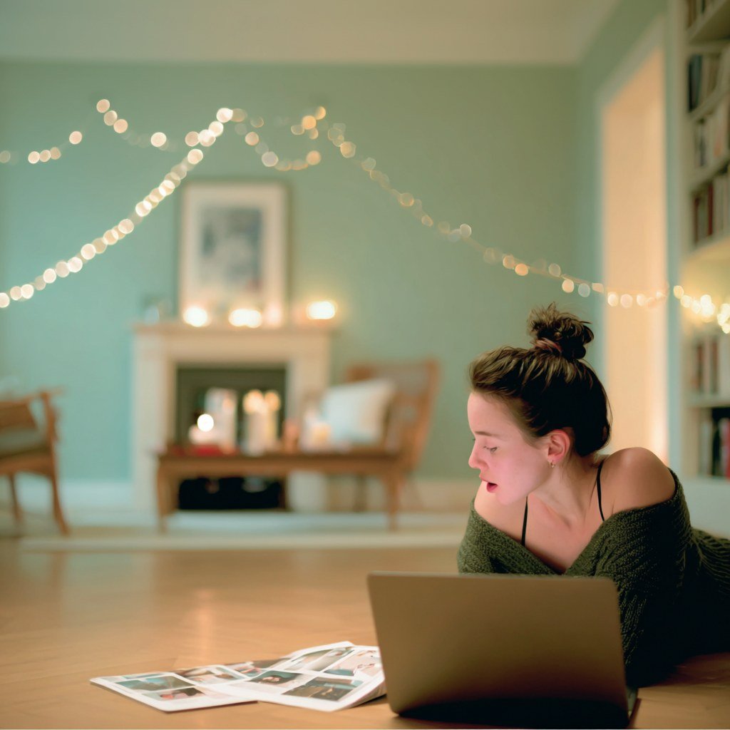 A woman planning her space on a laptop in a room lit with string lights