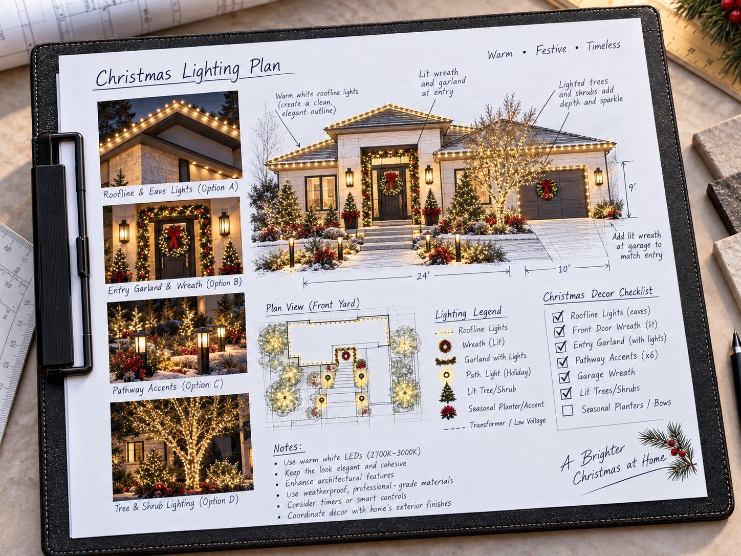 A hand-drawn lighting plan for a home with a front-yard plan view, legend and checklist